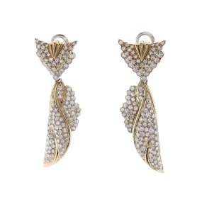 Estate 18k Yellow Gold Pave V Top With Pave Diamond Drop Wings Round Brilliant Cut Diamond Pierced Earrings