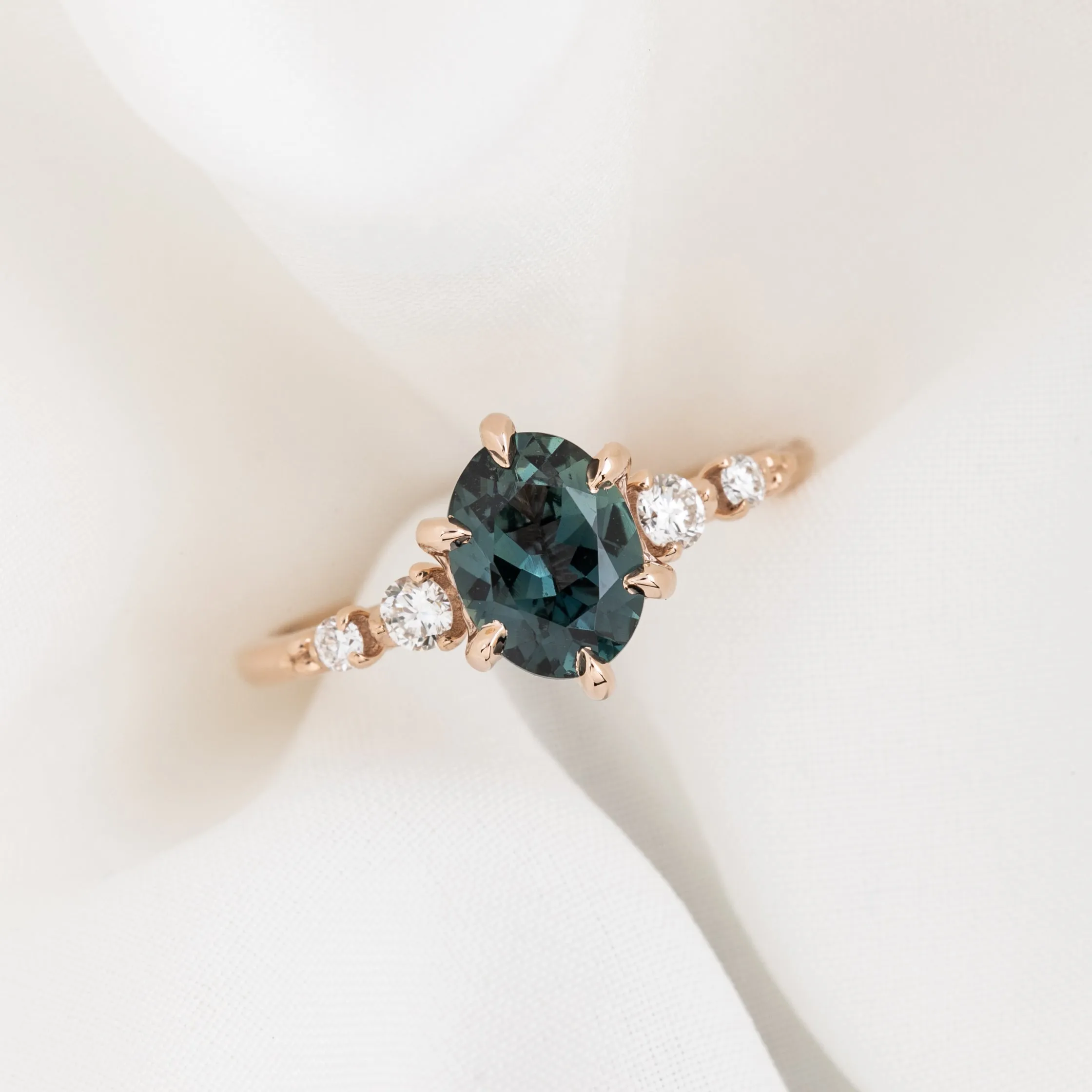 Estel Fleur Ring 1.48ct Blue Green Oval African Sapphire, 14K Rose Gold (One of a kind)