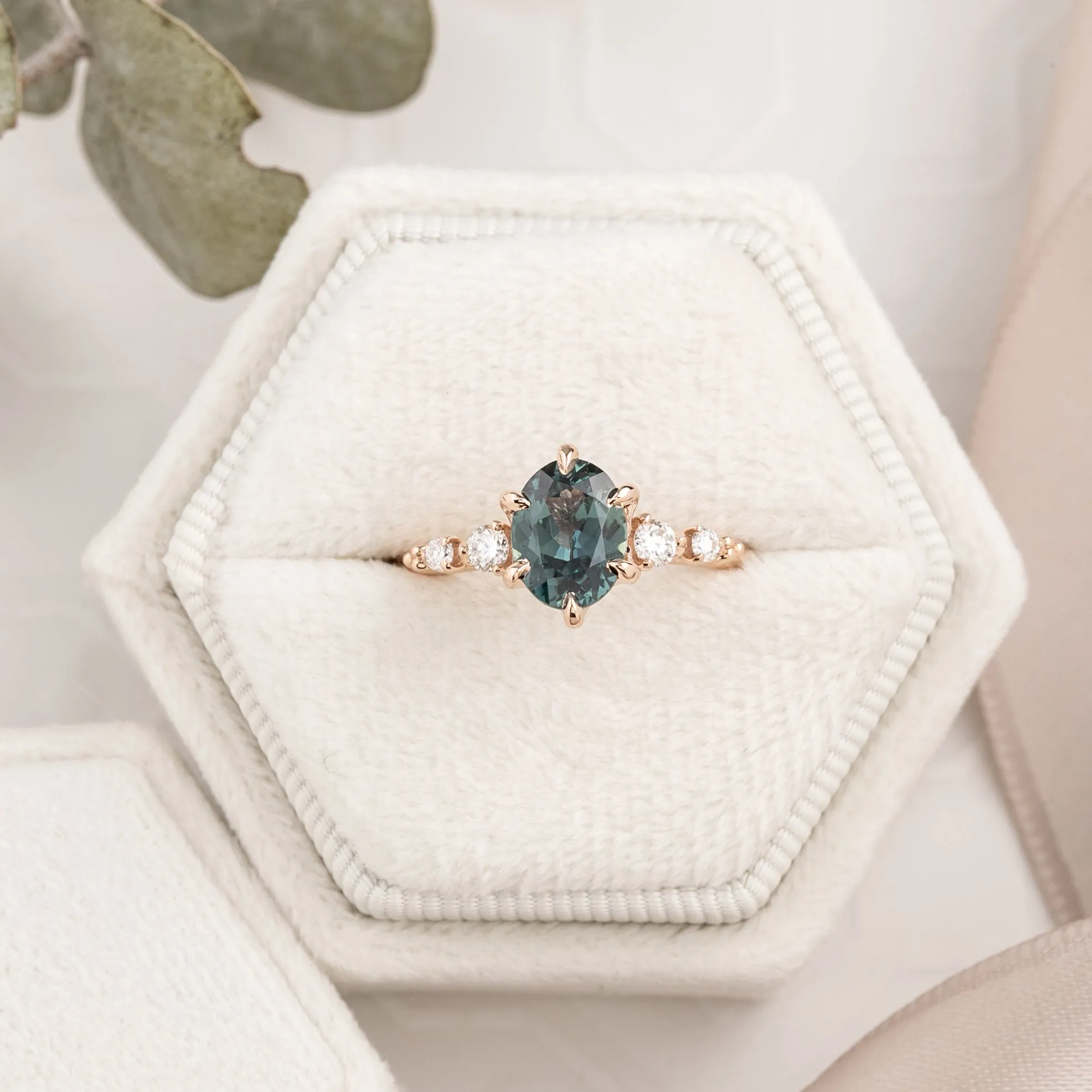 Estel Fleur Ring 1.48ct Blue Green Oval African Sapphire, 14K Rose Gold (One of a kind)