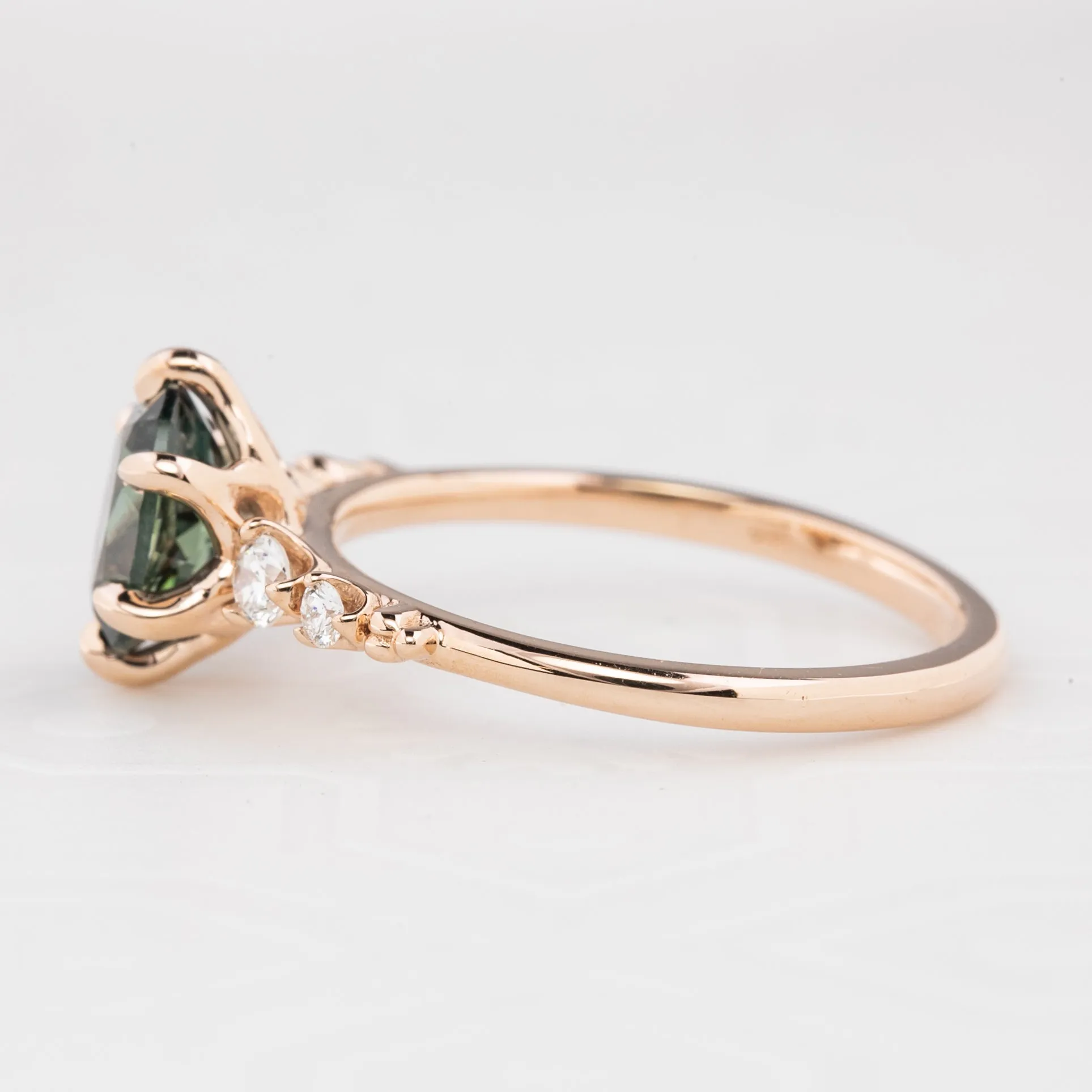 Estel Fleur Ring 1.48ct Blue Green Oval African Sapphire, 14K Rose Gold (One of a kind)