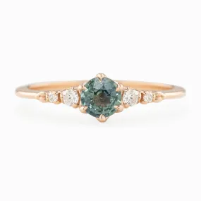 Estel Fleur Ring 4.7mm 0.55ct Blue Green Round Unheated Sapphire, 14k Rose Gold