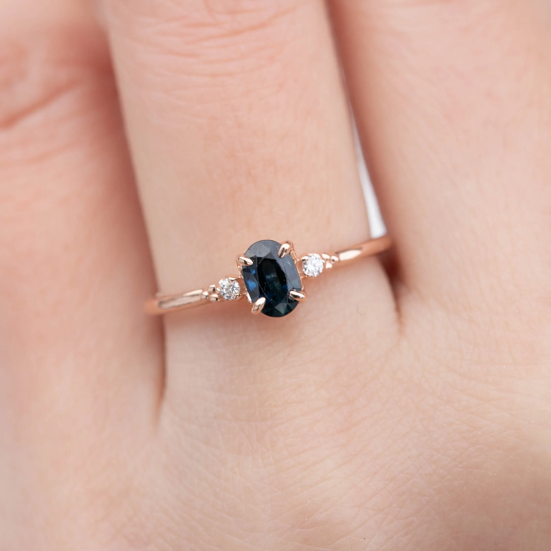 Estel Ring 6x4mm 0.66ct Australian Deep Blue Sapphire, 14k Rose Gold