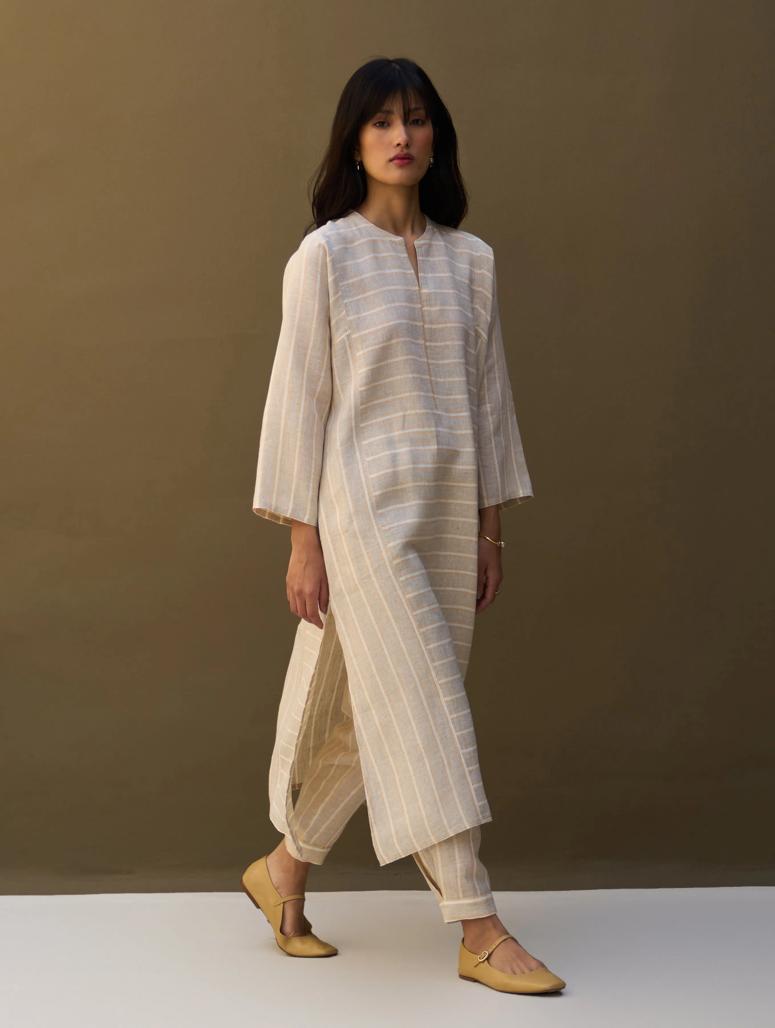 Ezra Striped Linen Kurta Set - Natural