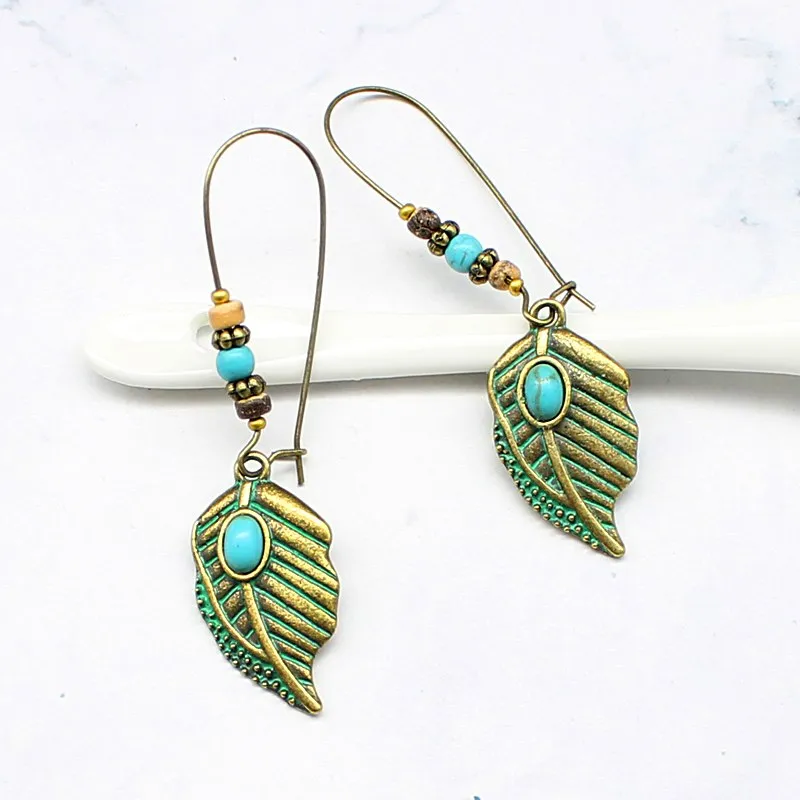 Fish Hook Retro Green Leaves Pendant Earrings