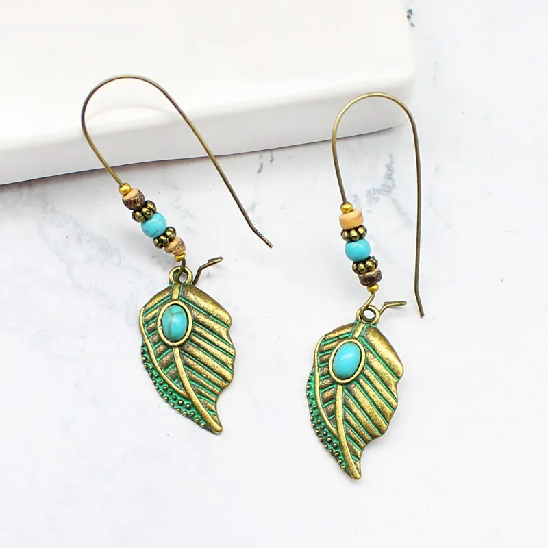 Fish Hook Retro Green Leaves Pendant Earrings