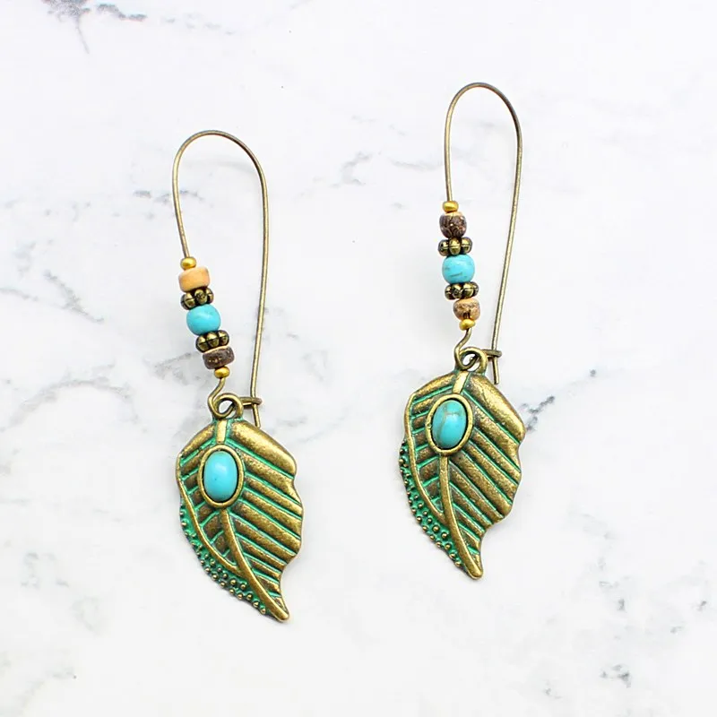 Fish Hook Retro Green Leaves Pendant Earrings