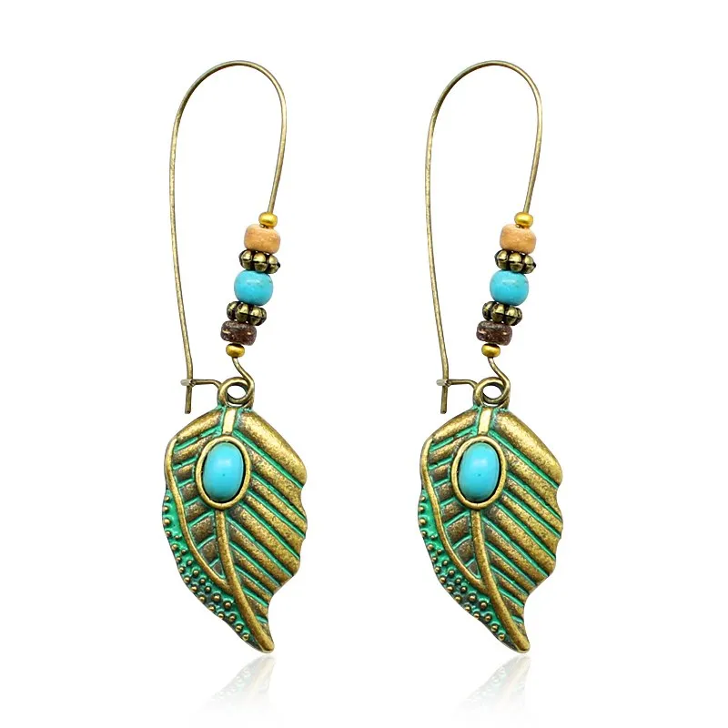 Fish Hook Retro Green Leaves Pendant Earrings