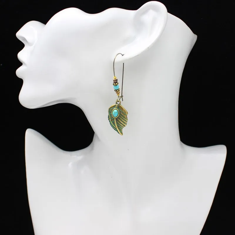 Fish Hook Retro Green Leaves Pendant Earrings