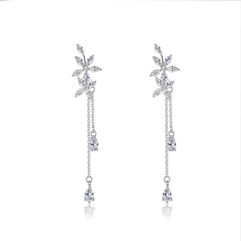 Flower Pattern Cubic Zirconia Tassel Drop Earrings