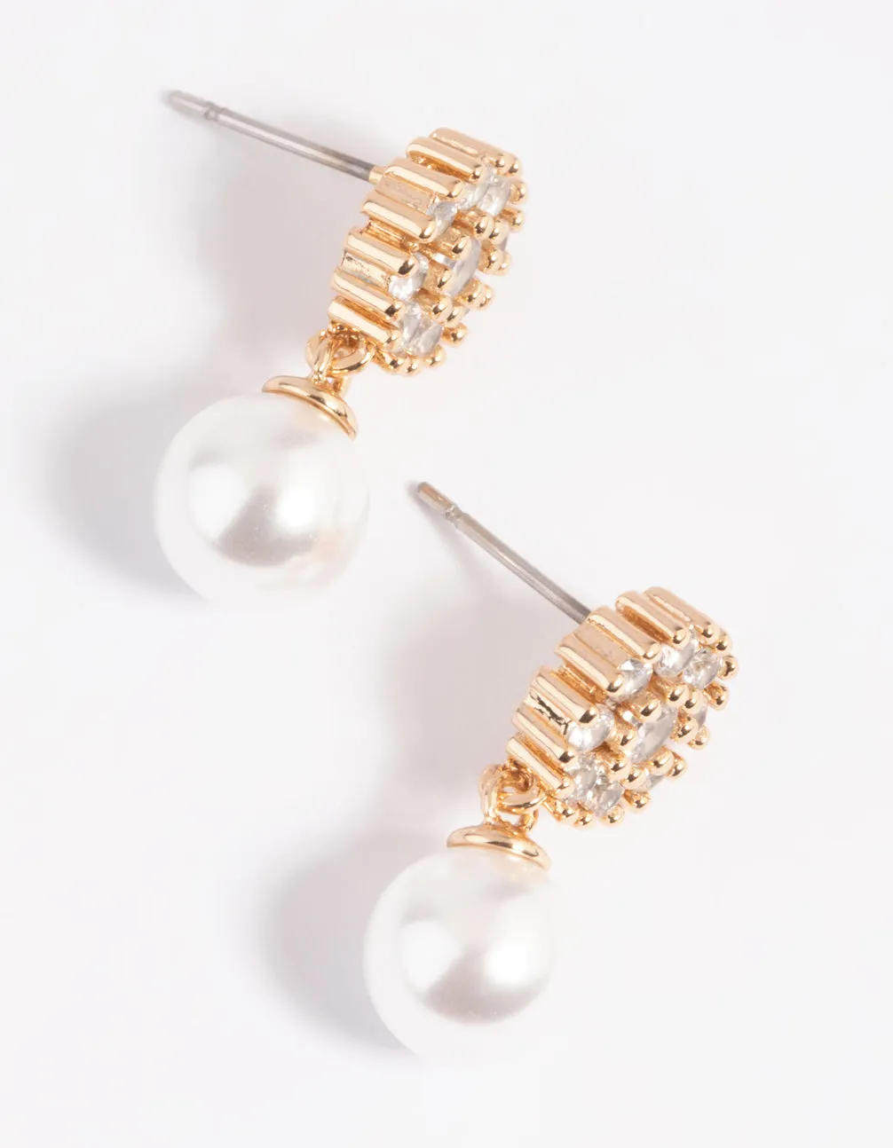 Gold Cubic Zirconia Flower & Pearl Drop Earrings