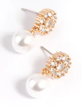 Gold Cubic Zirconia Flower & Pearl Drop Earrings