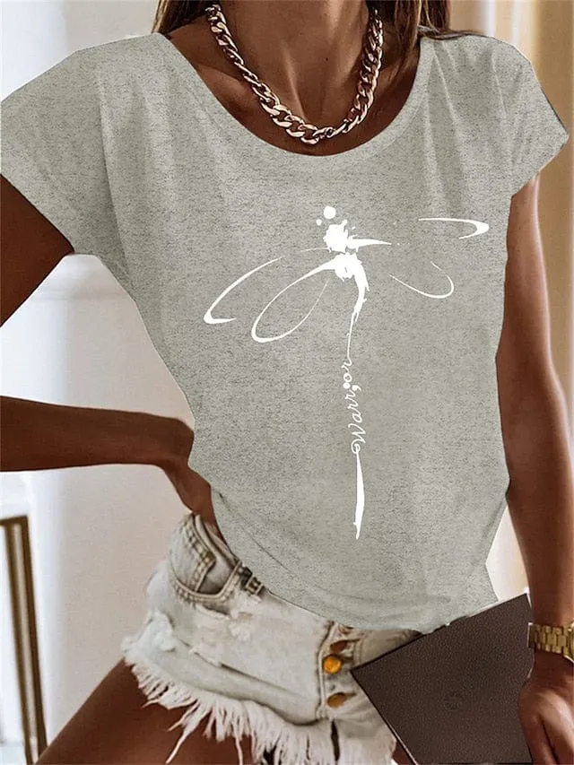 Graphic Print Women's Cotton T-Shirt with Short Sleeves and Round Neck