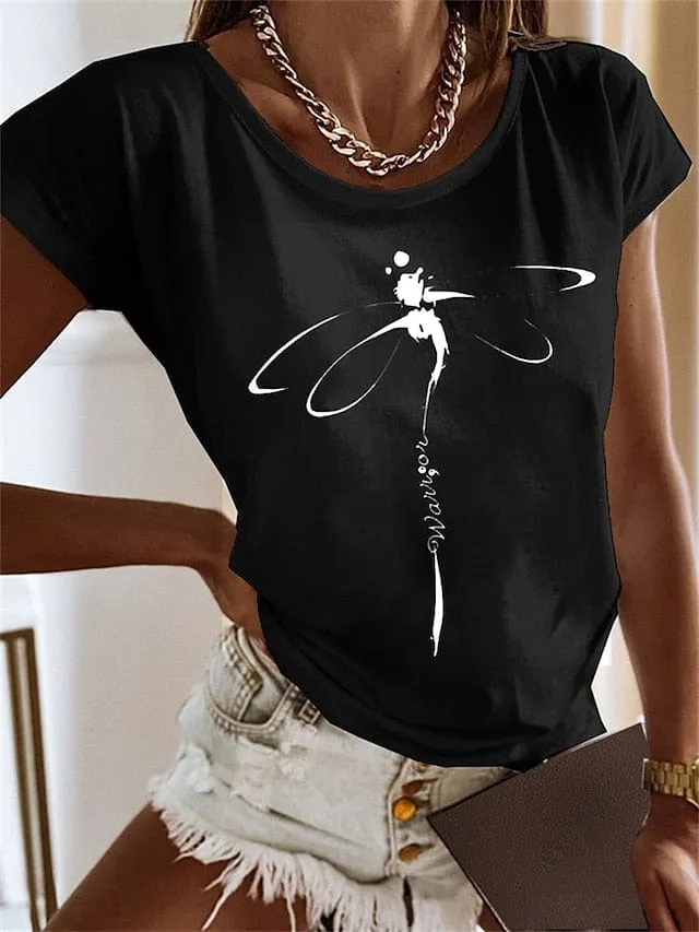 Graphic Print Women's Cotton T-Shirt with Short Sleeves and Round Neck