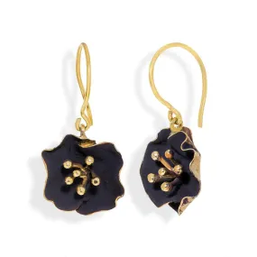 Handmade Gold Plated Silver Black Begonia Flower Dangle Earrings