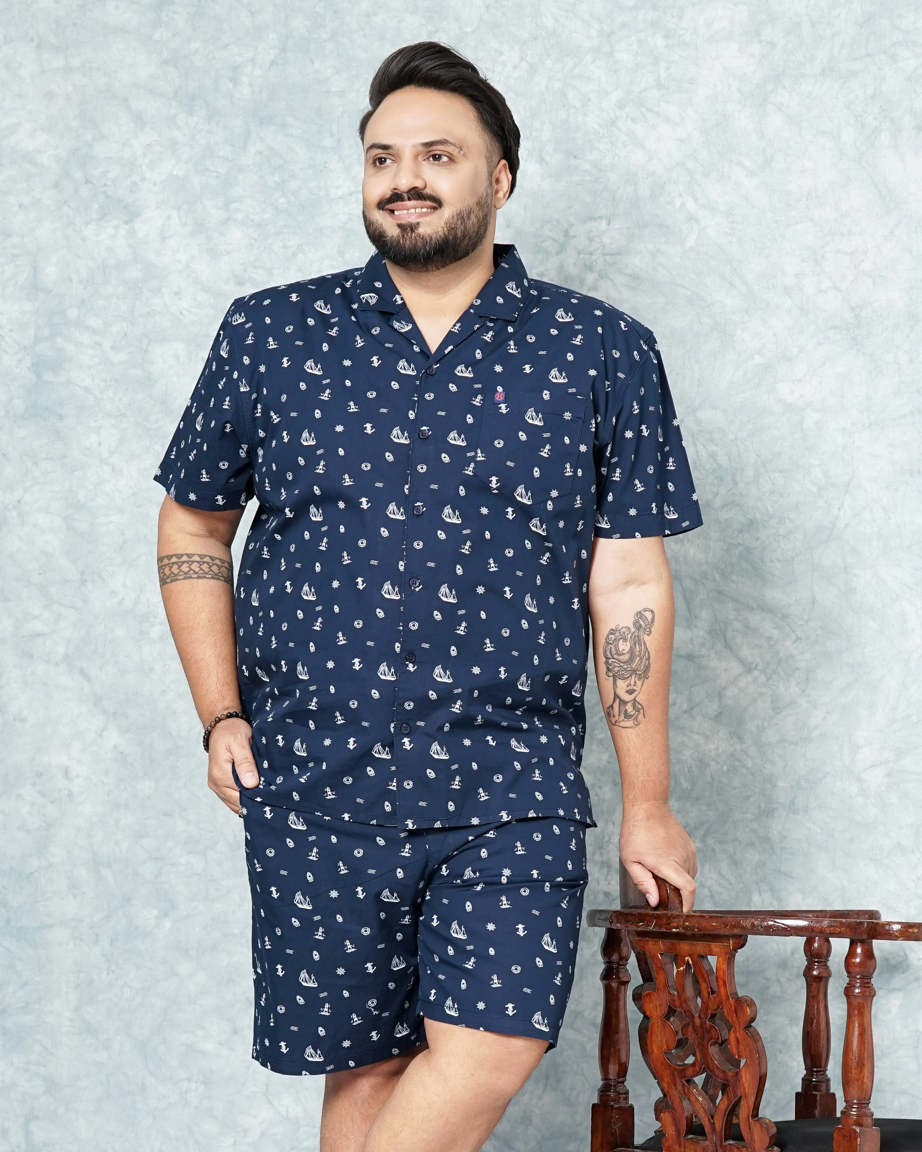 Hardsoda Men Navy Blue Plus Size Nautical Printed Lounge Set