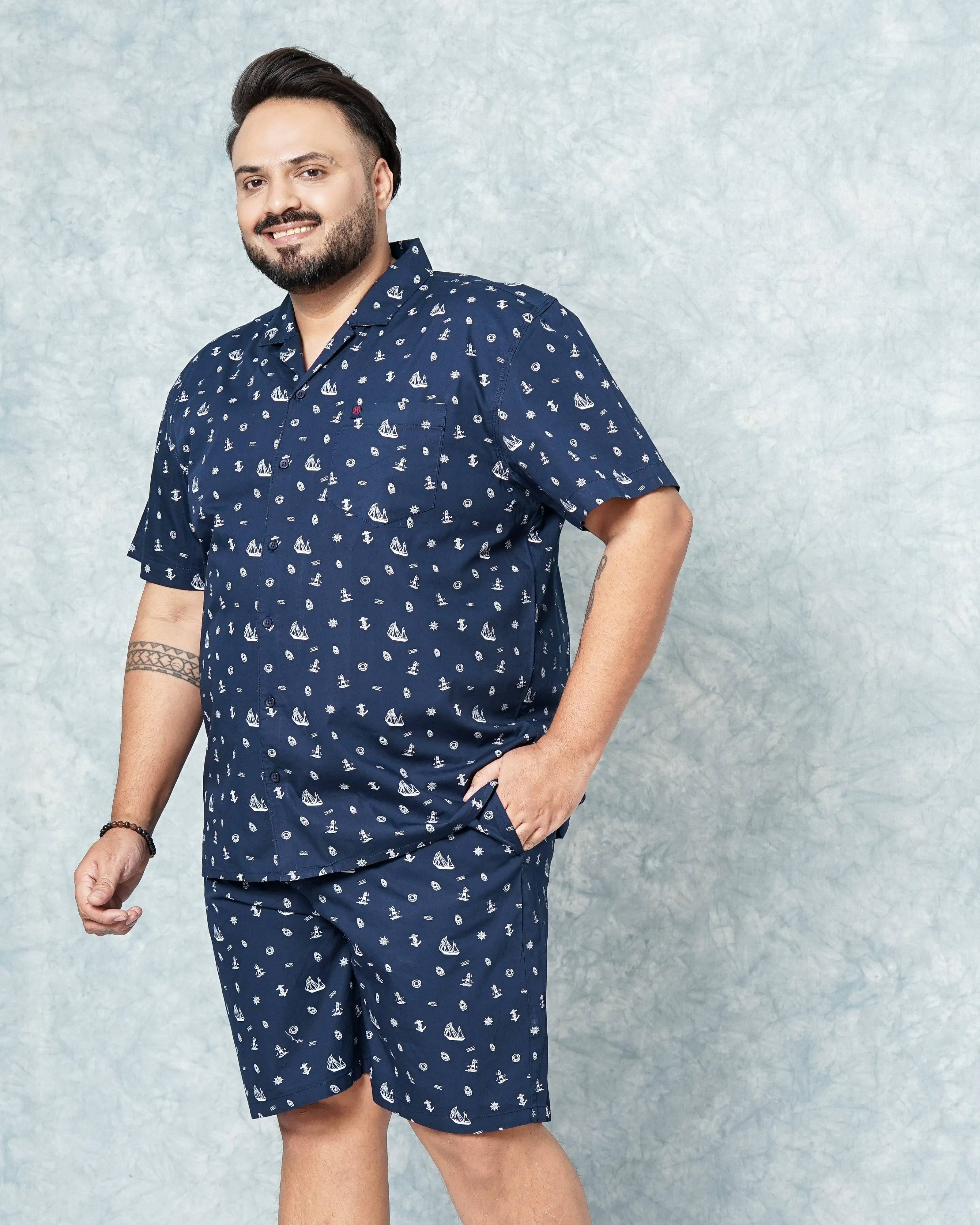 Hardsoda Men Navy Blue Plus Size Nautical Printed Lounge Set