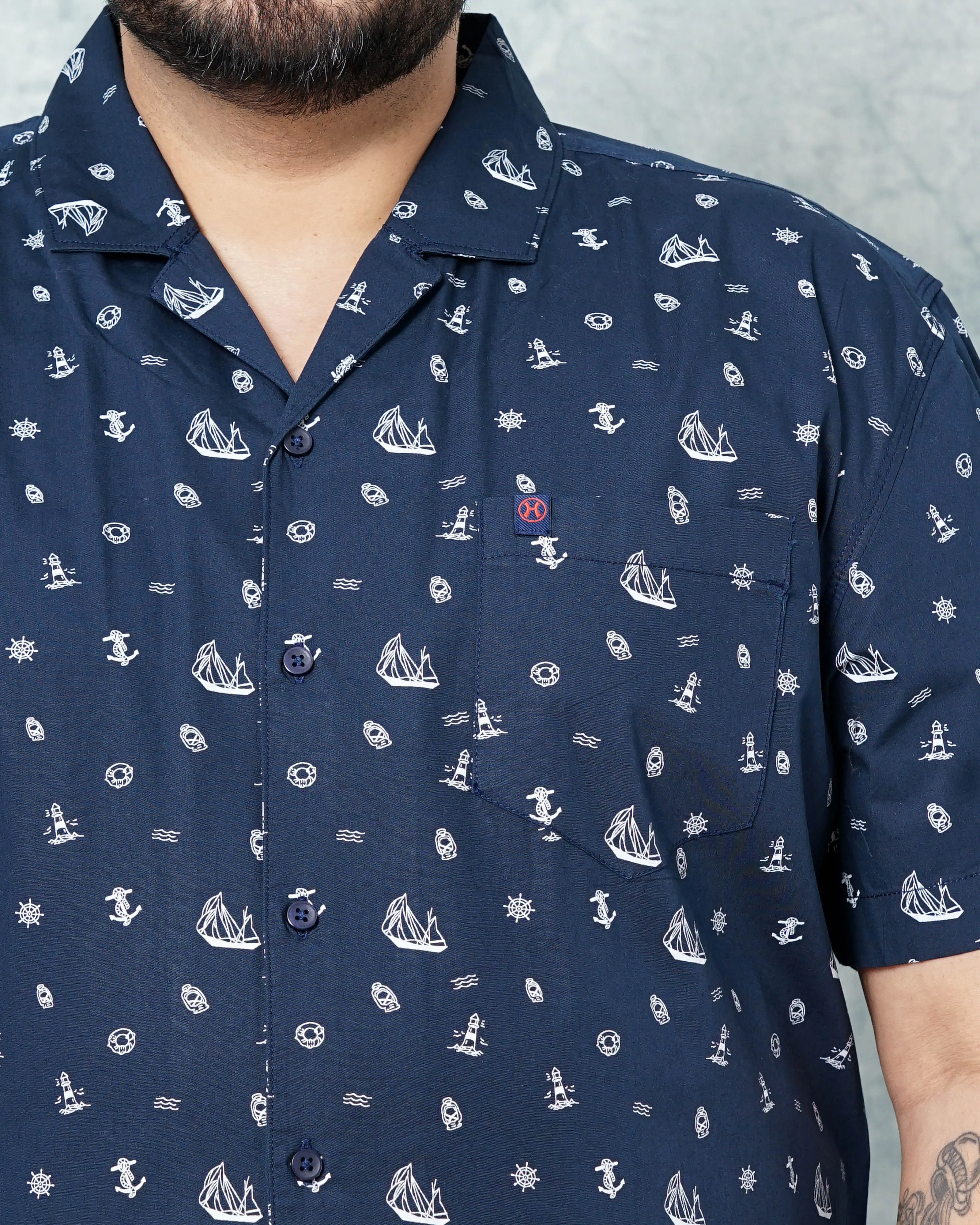 Hardsoda Men Navy Blue Plus Size Nautical Printed Lounge Set