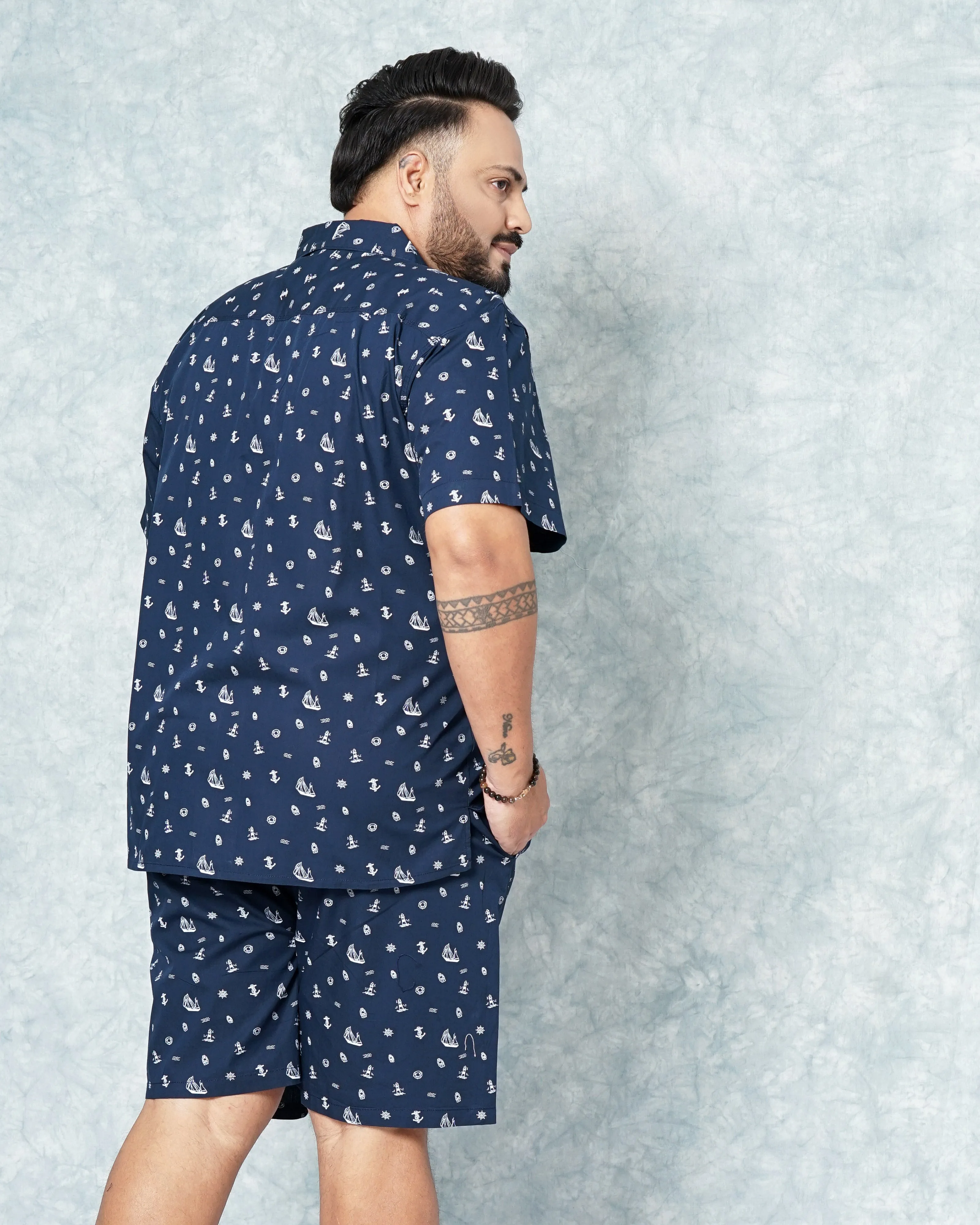 Hardsoda Men Navy Blue Plus Size Nautical Printed Lounge Set