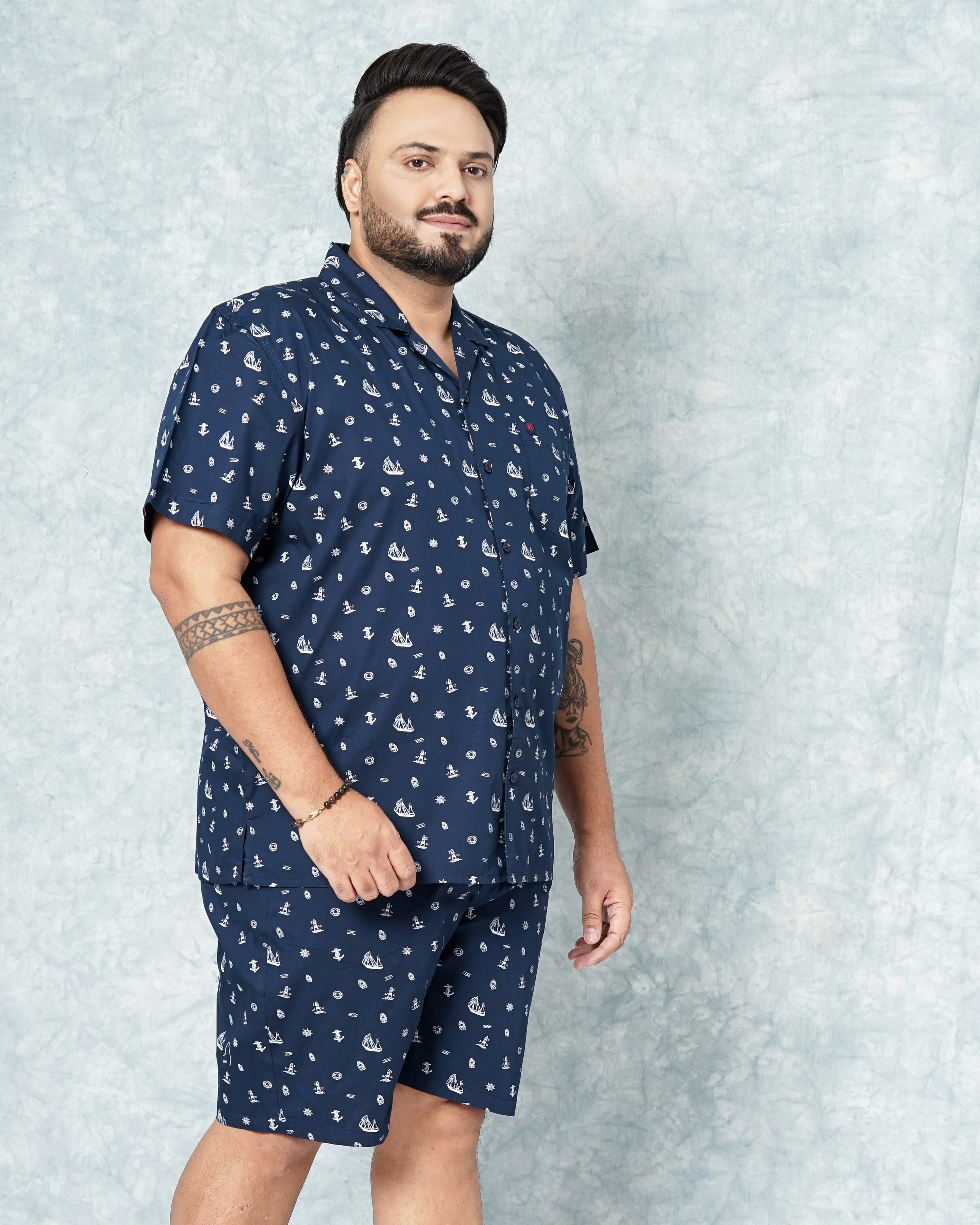 Hardsoda Men Navy Blue Plus Size Nautical Printed Lounge Set