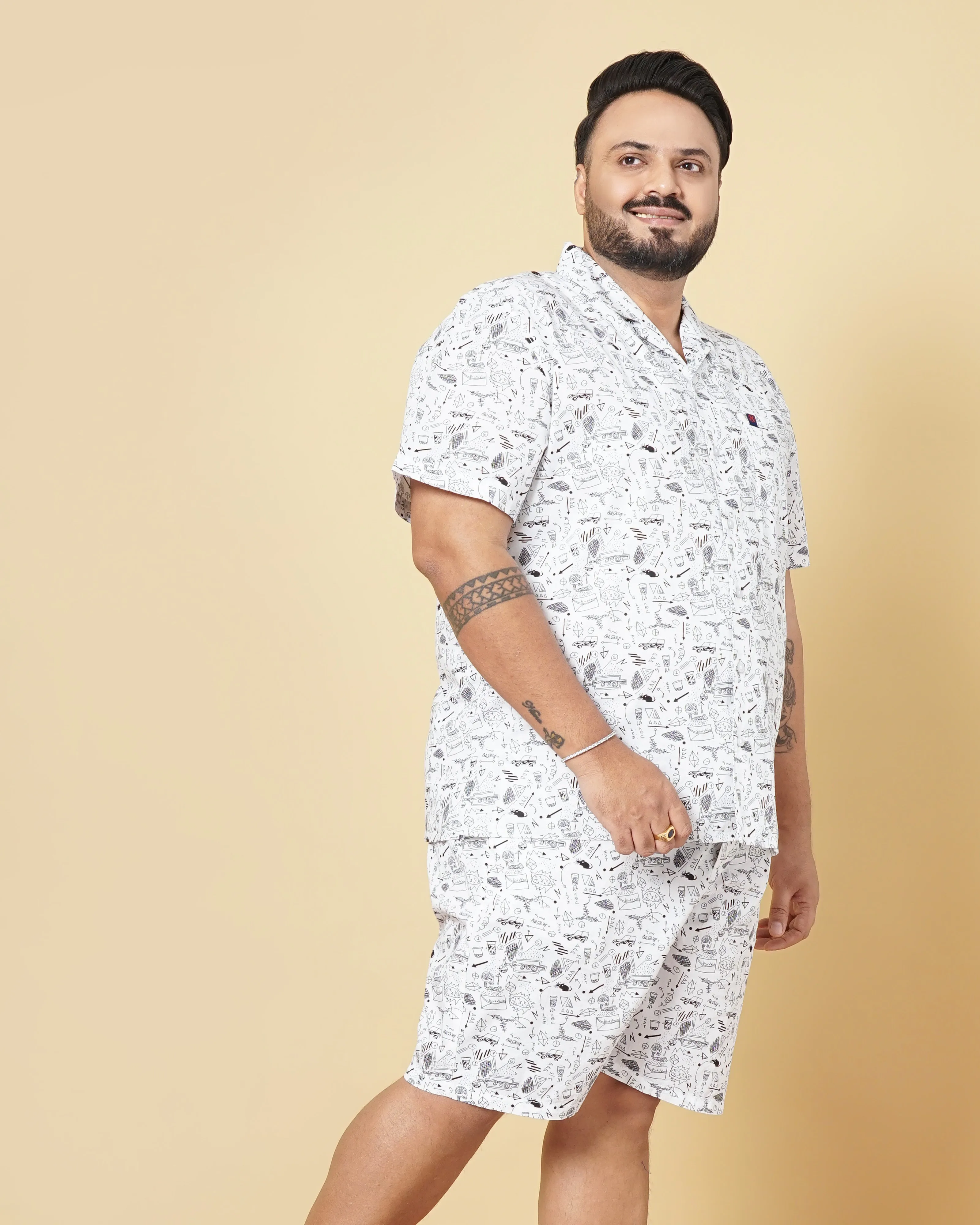 Hardsoda Men White Plus Size Geometric Printed Lounge Set