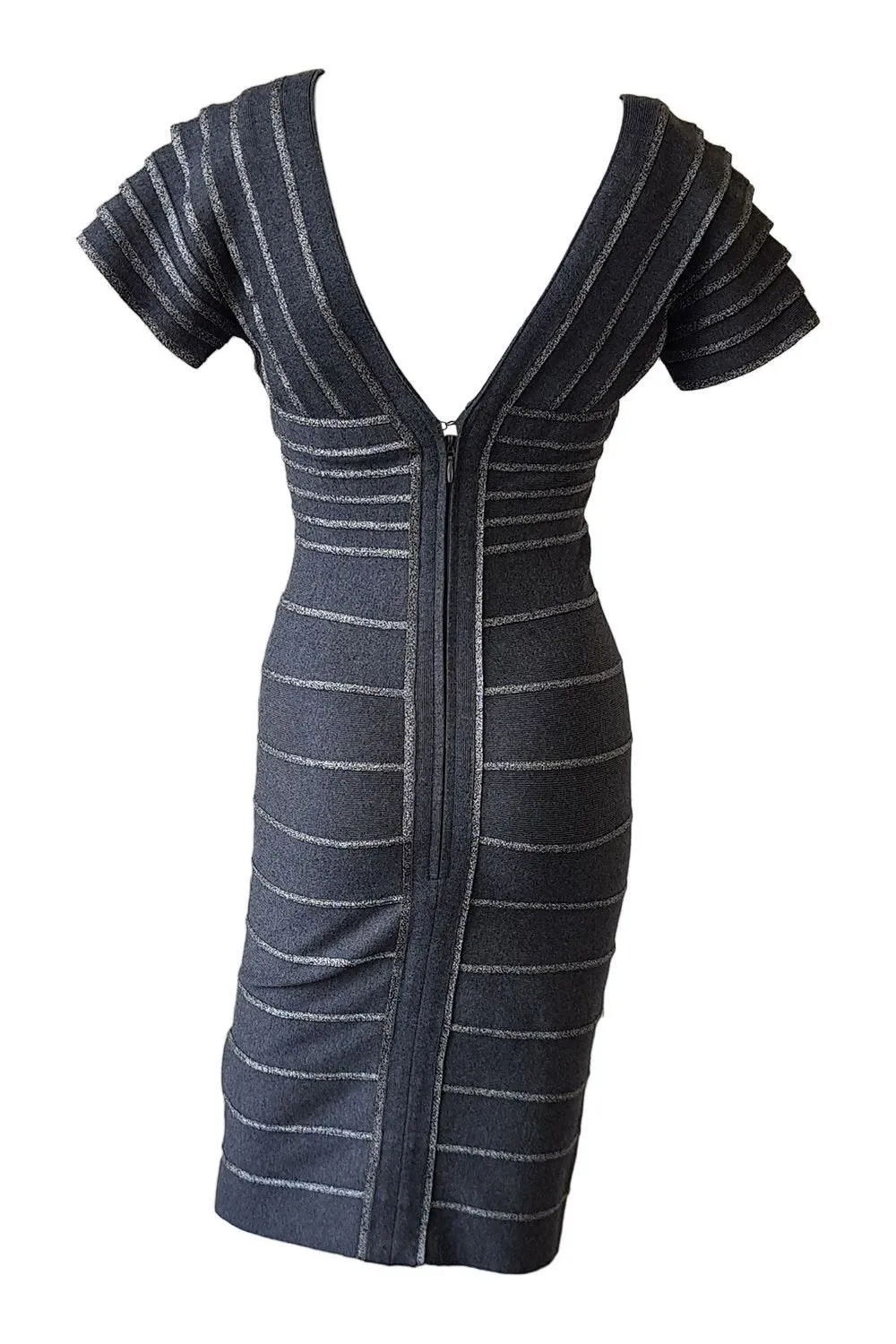 HERVE LEGER Grey V Neck V Back Short Sleeved Bandage Dress (S)