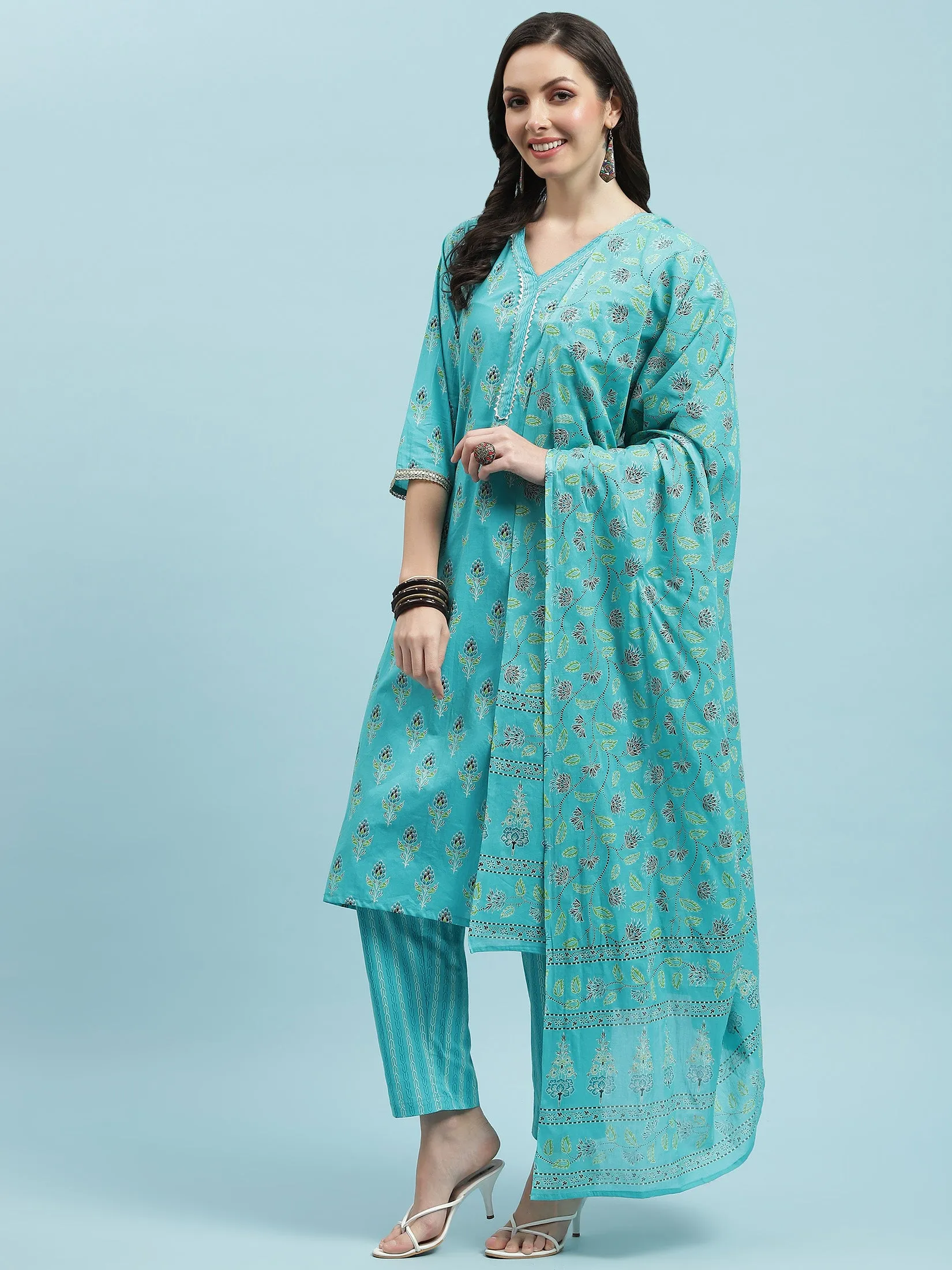 Indiessence Turquoise Blue Floral Print Kurta Trouser Dupatta