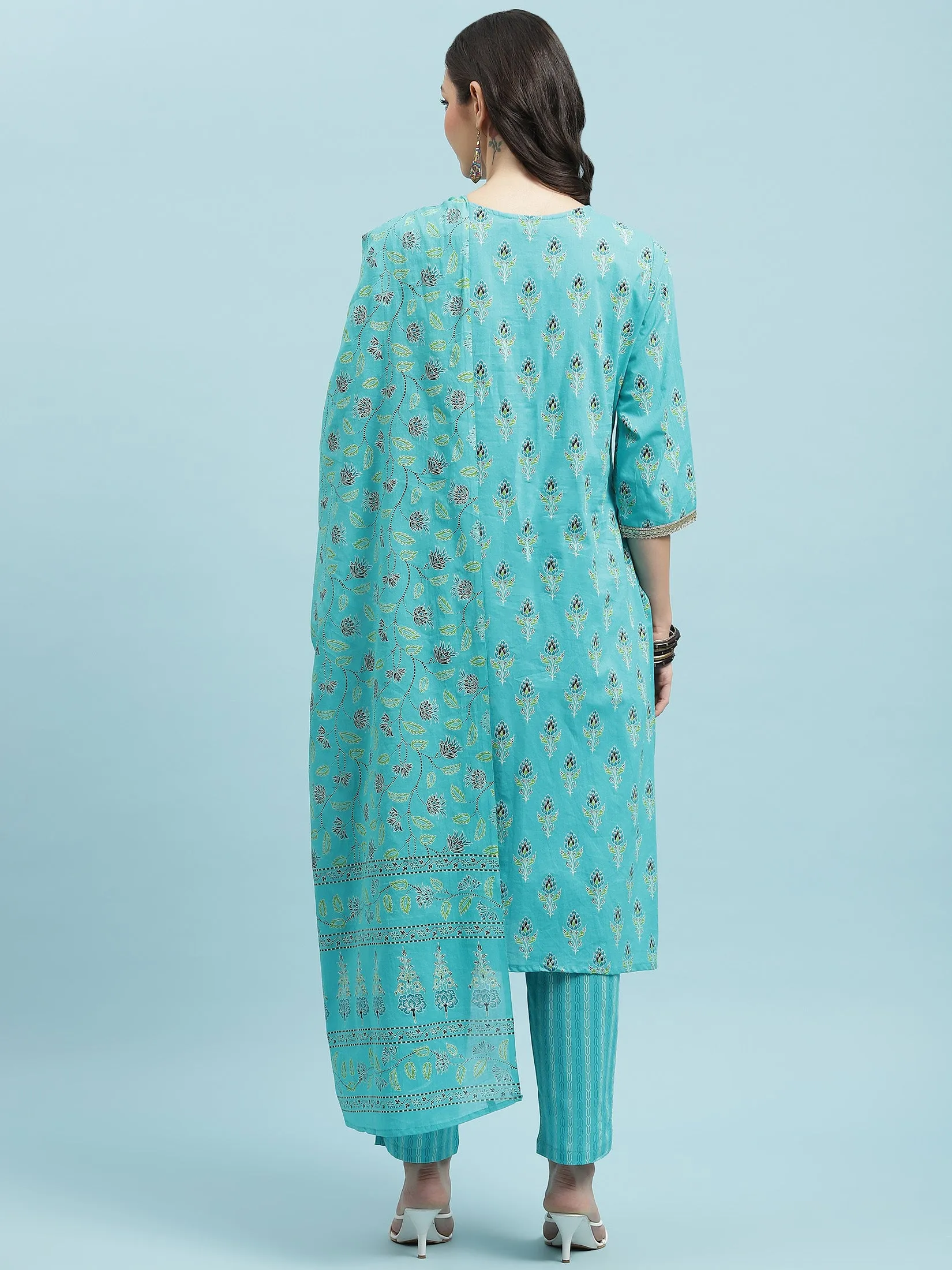 Indiessence Turquoise Blue Floral Print Kurta Trouser Dupatta