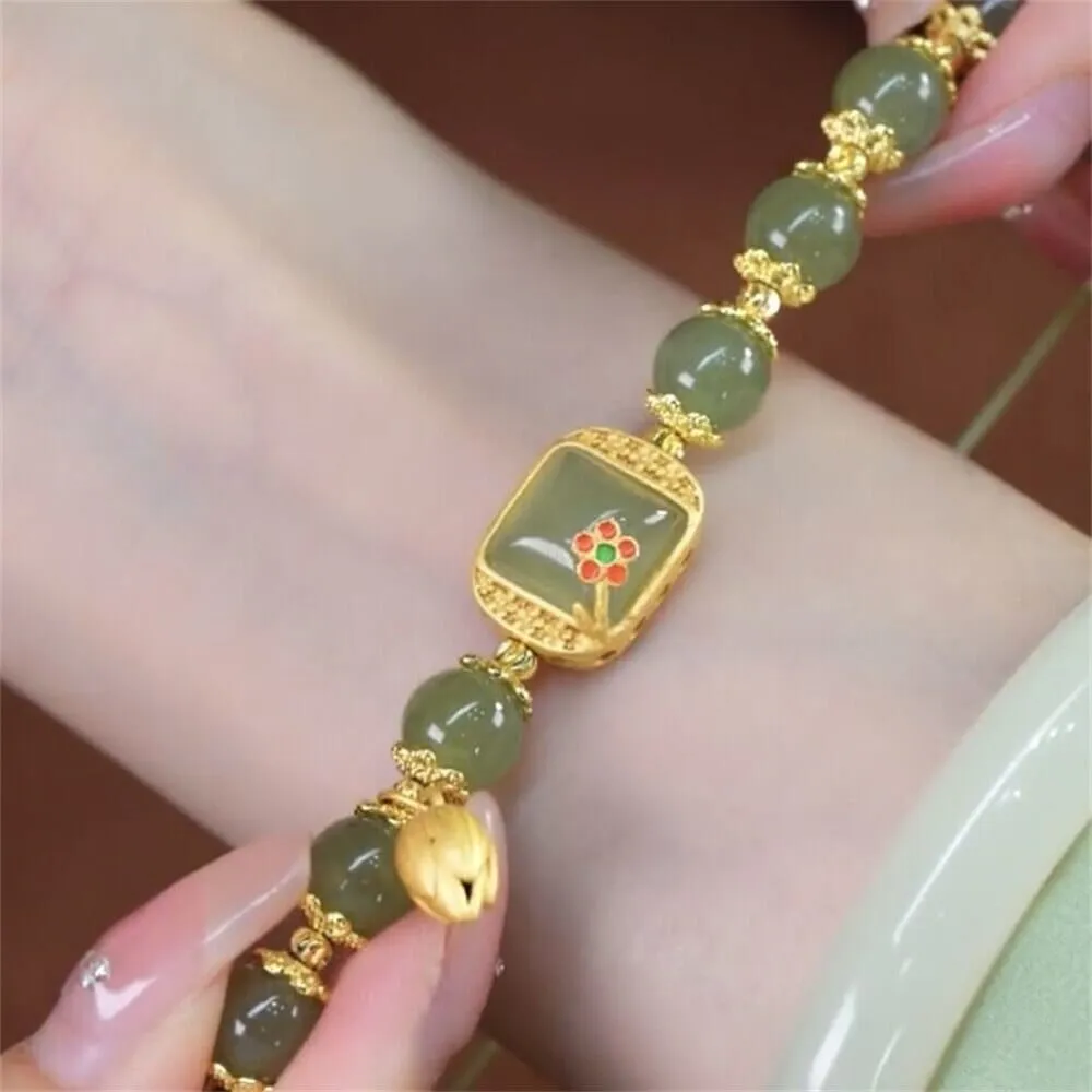 Jade Flower and Gold Leaf Design Bracelet