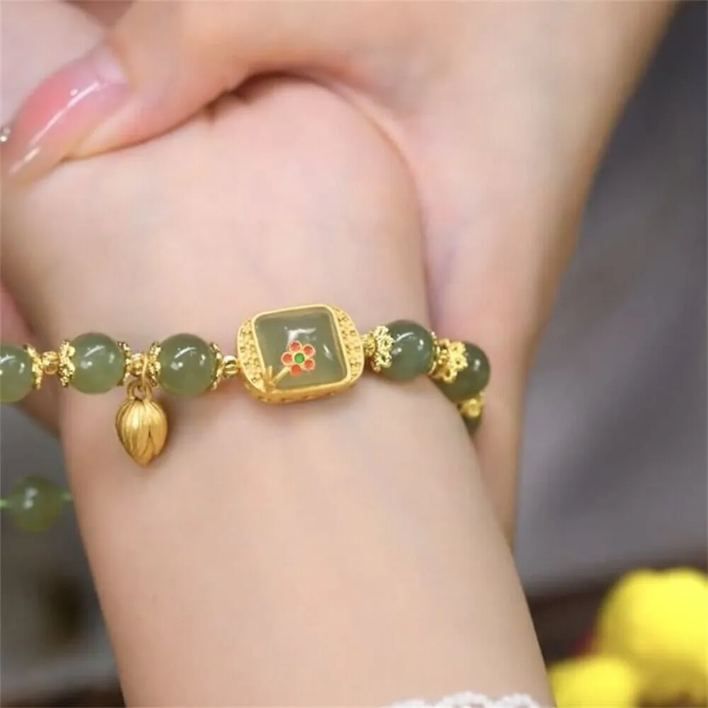 Jade Flower and Gold Leaf Design Bracelet