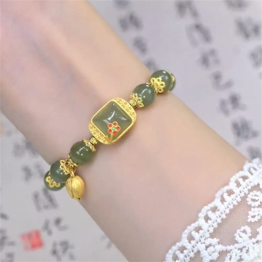 Jade Flower and Gold Leaf Design Bracelet