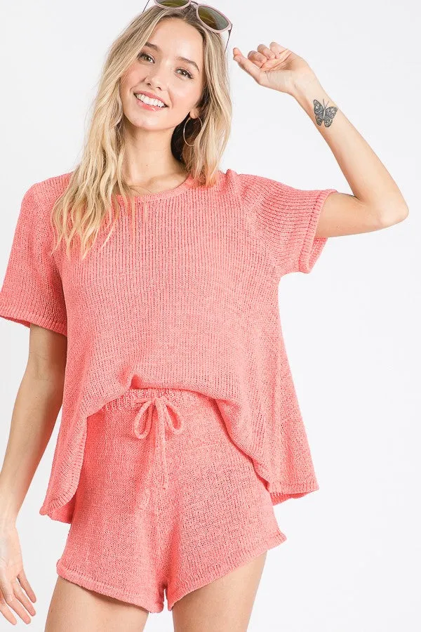 Knitted Short Sleeve Top & Bottom Short Set