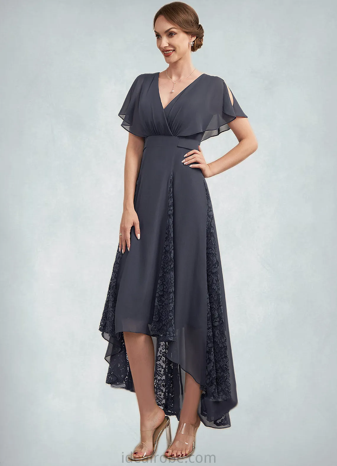 Layla A-Line V-neck Asymmetrical Chiffon Lace Mother of the Bride Dress With Ruffle STK126P0014638