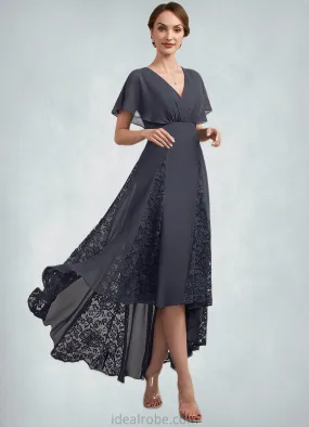 Layla A-Line V-neck Asymmetrical Chiffon Lace Mother of the Bride Dress With Ruffle STK126P0014638