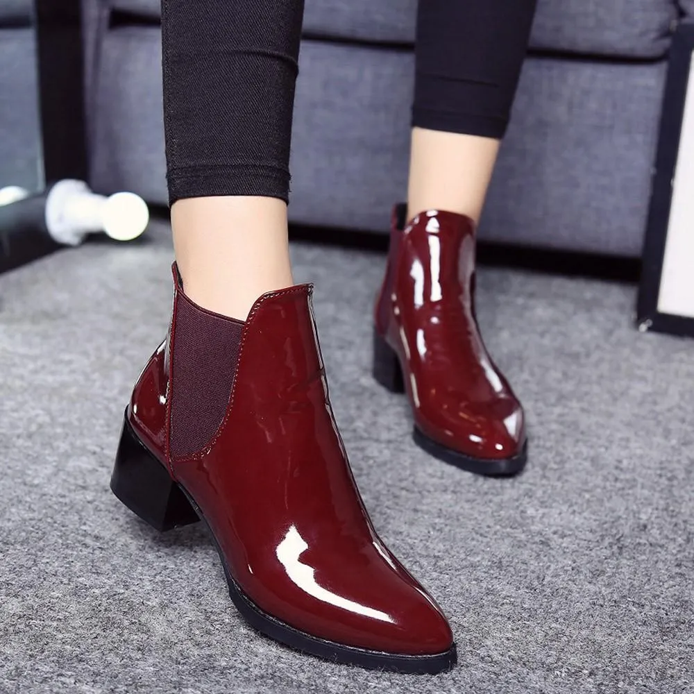 Leather Pointed Low Heels Ankle Boots