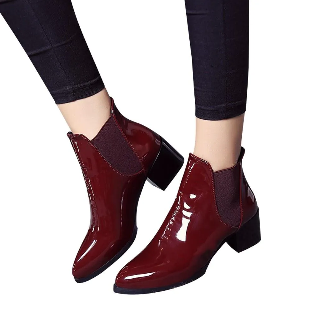 Leather Pointed Low Heels Ankle Boots