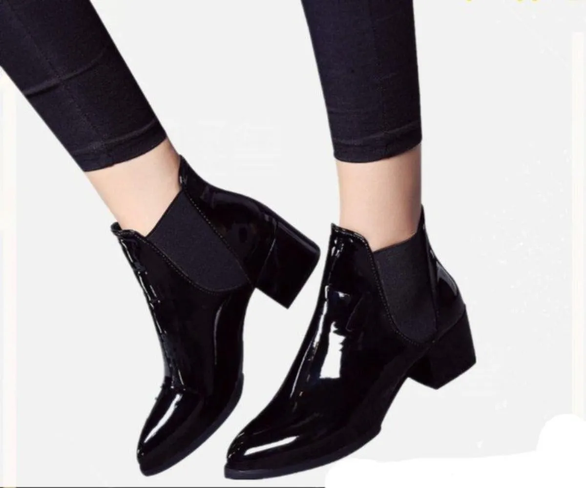 Leather Pointed Low Heels Ankle Boots