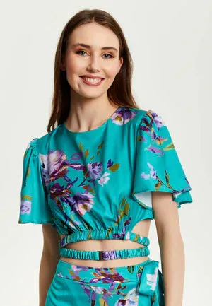 Liquorish Green Floral Print Crop Top With Tie Details