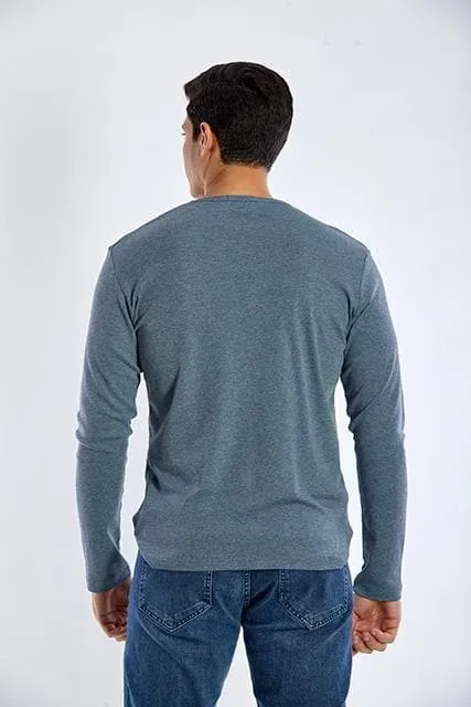 Long Sleeve Round Neck Plain T-Shirt - INDIGO