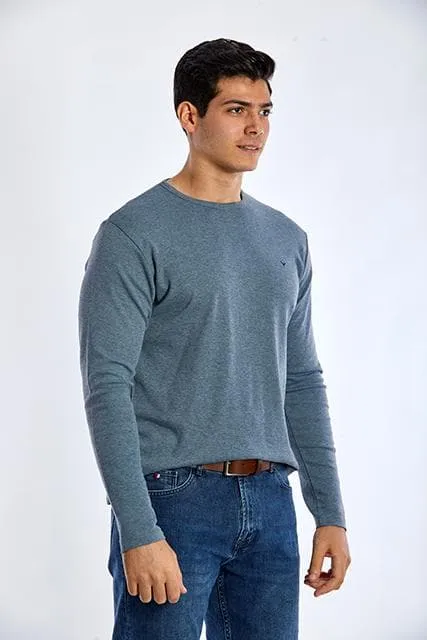 Long Sleeve Round Neck Plain T-Shirt - INDIGO