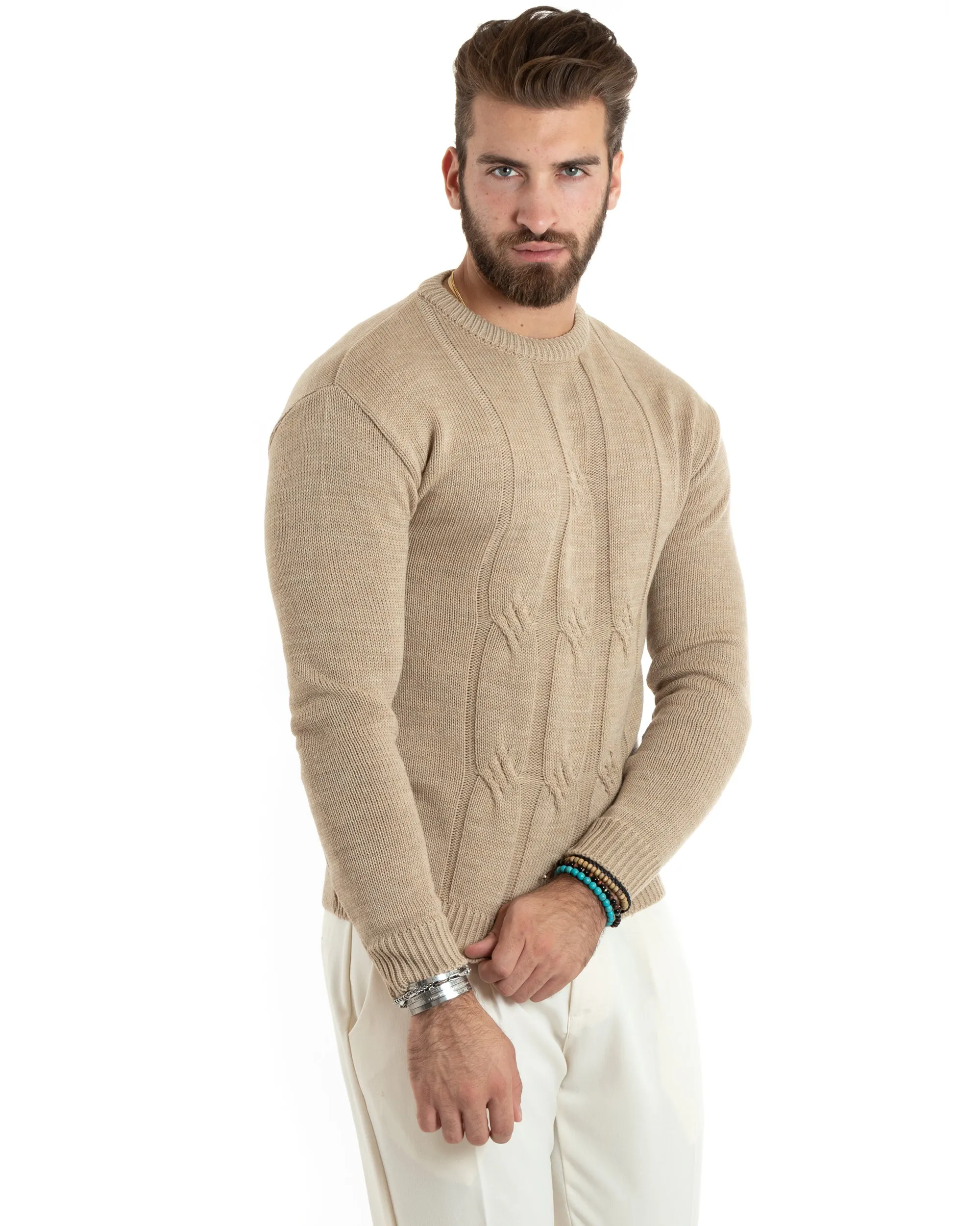 Maglioncino Uomo Girocollo Maglia Inglese Basic Trecce Beige GIOSAL-M2719A