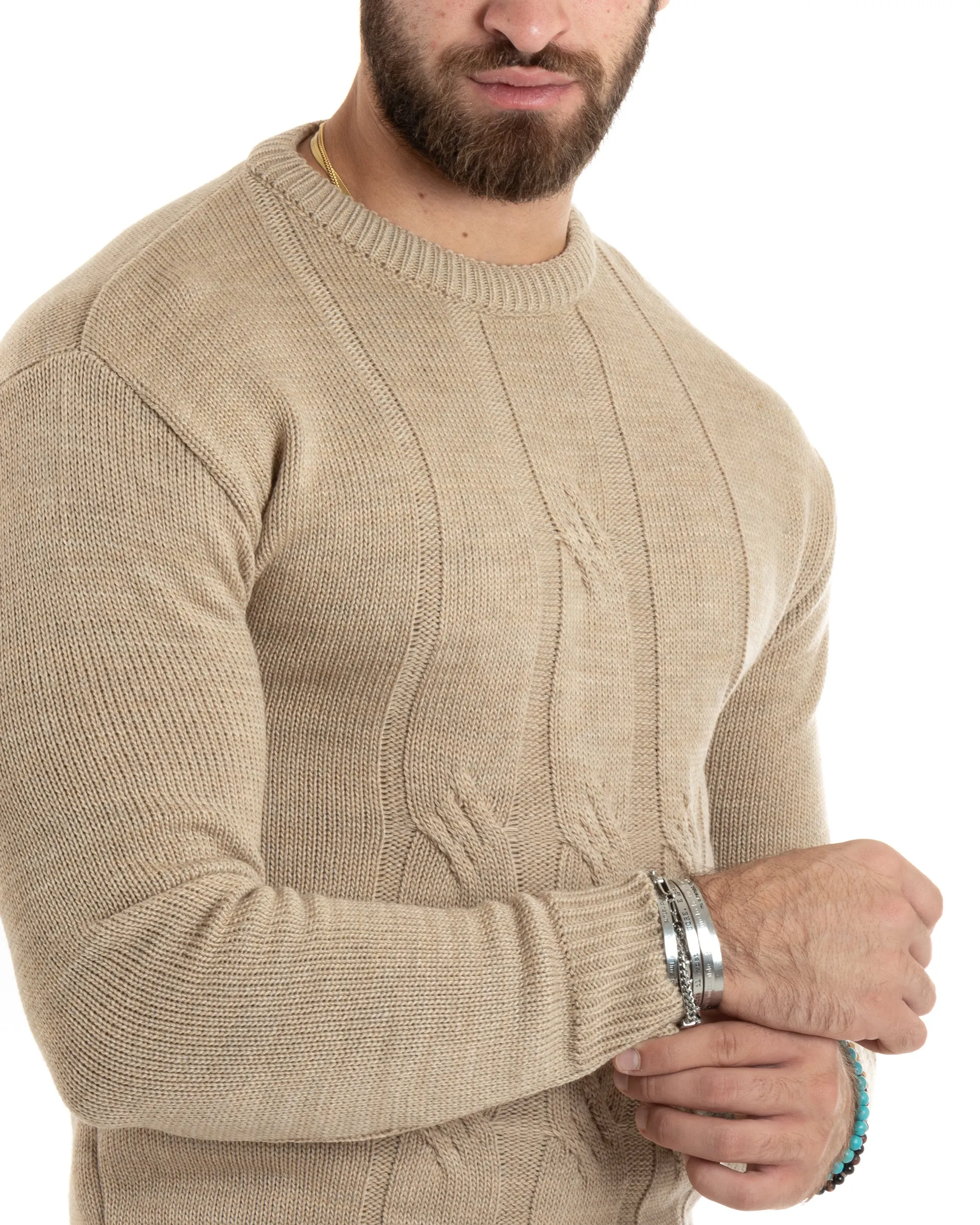 Maglioncino Uomo Girocollo Maglia Inglese Basic Trecce Beige GIOSAL-M2719A