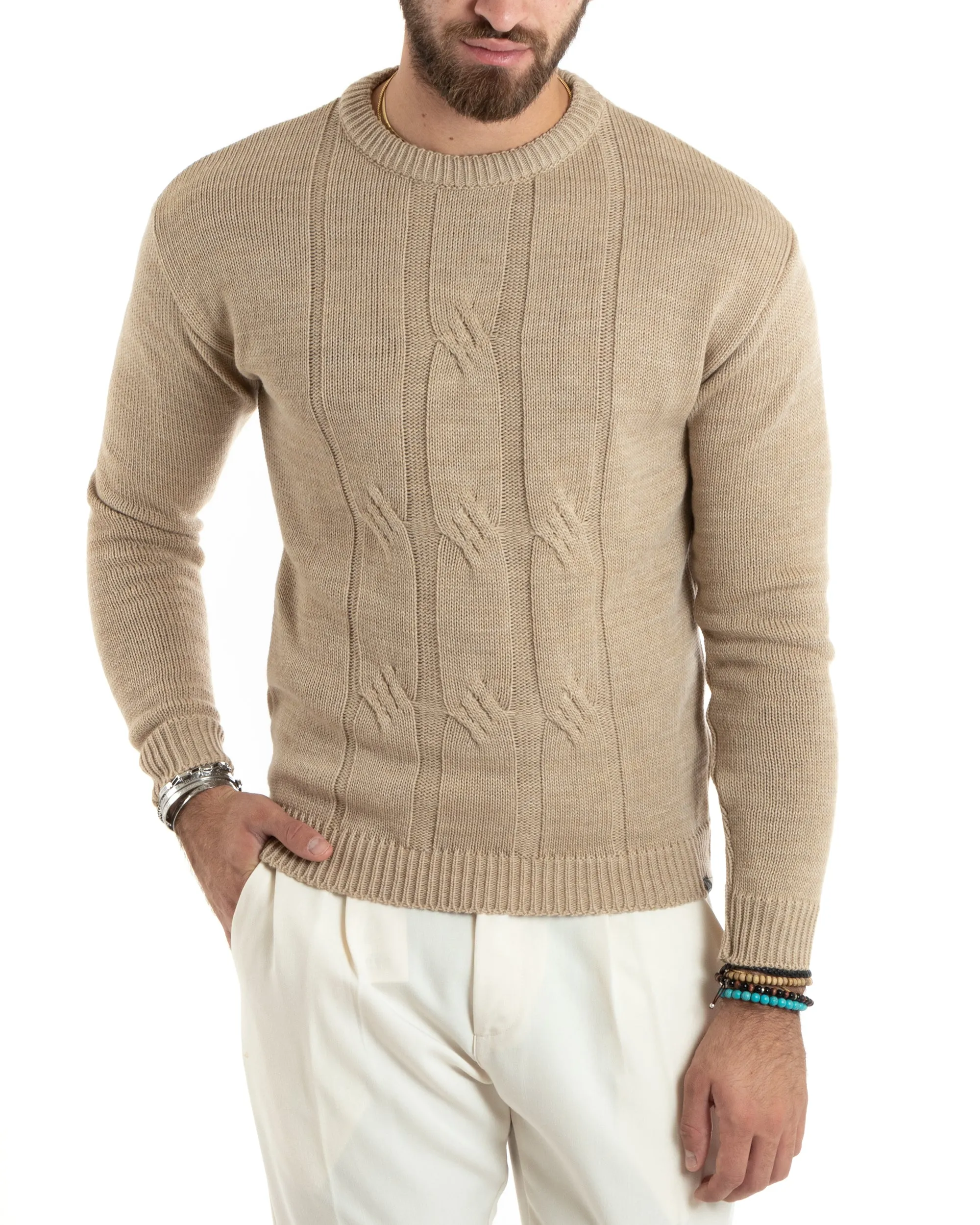 Maglioncino Uomo Girocollo Maglia Inglese Basic Trecce Beige GIOSAL-M2719A