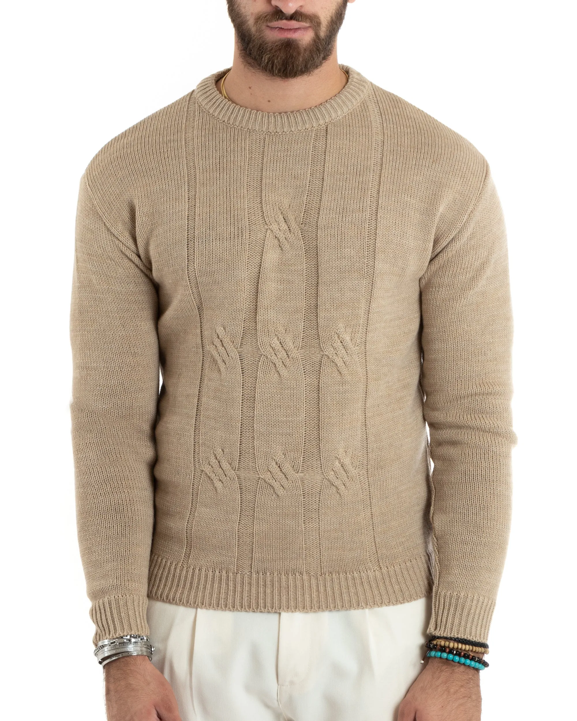 Maglioncino Uomo Girocollo Maglia Inglese Basic Trecce Beige GIOSAL-M2719A