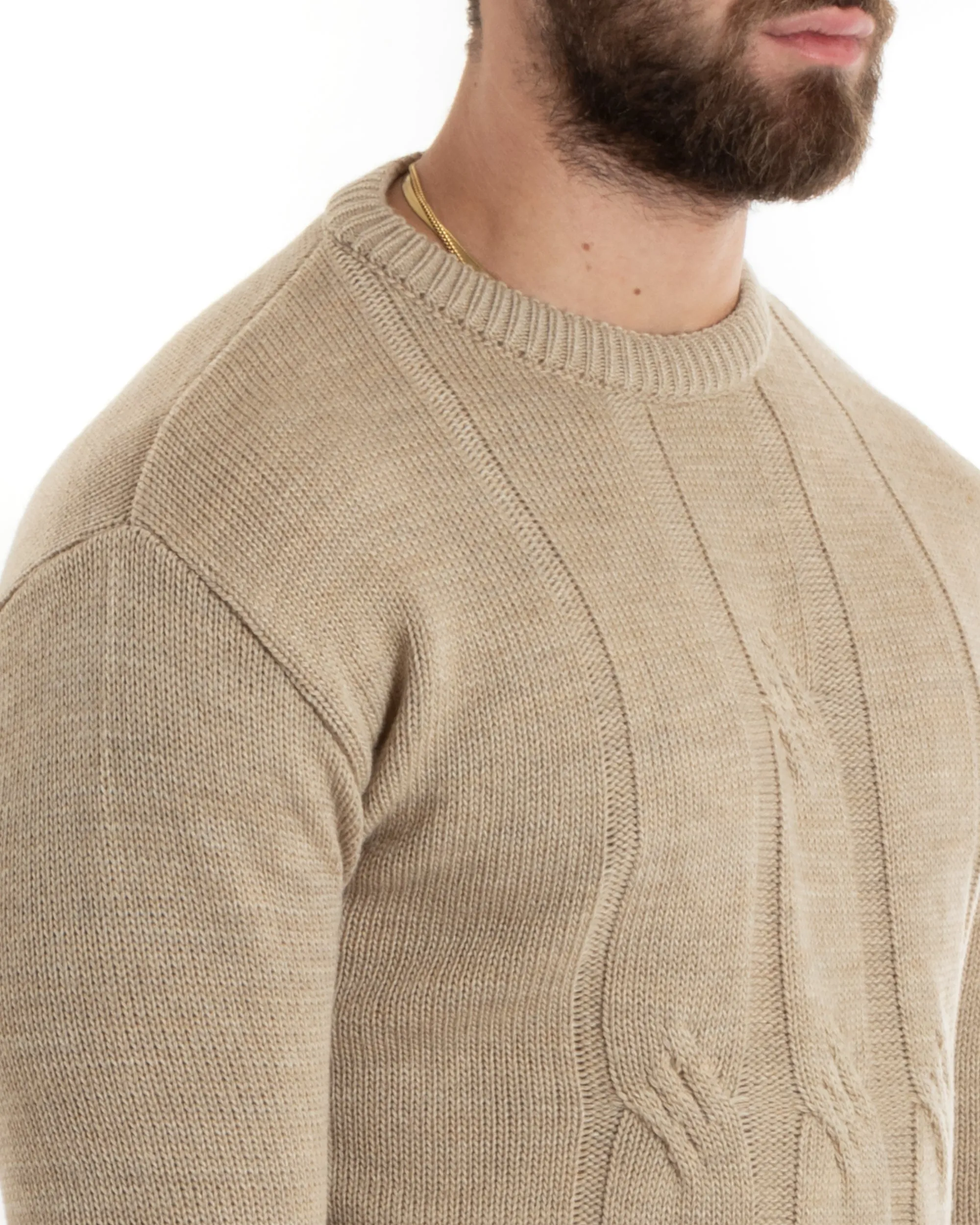 Maglioncino Uomo Girocollo Maglia Inglese Basic Trecce Beige GIOSAL-M2719A