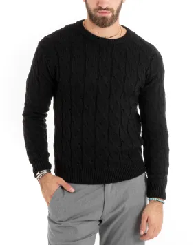 Maglioncino Uomo Girocollo Maglia Inglese Basic Trecce Nero GIOSAL-M2709A