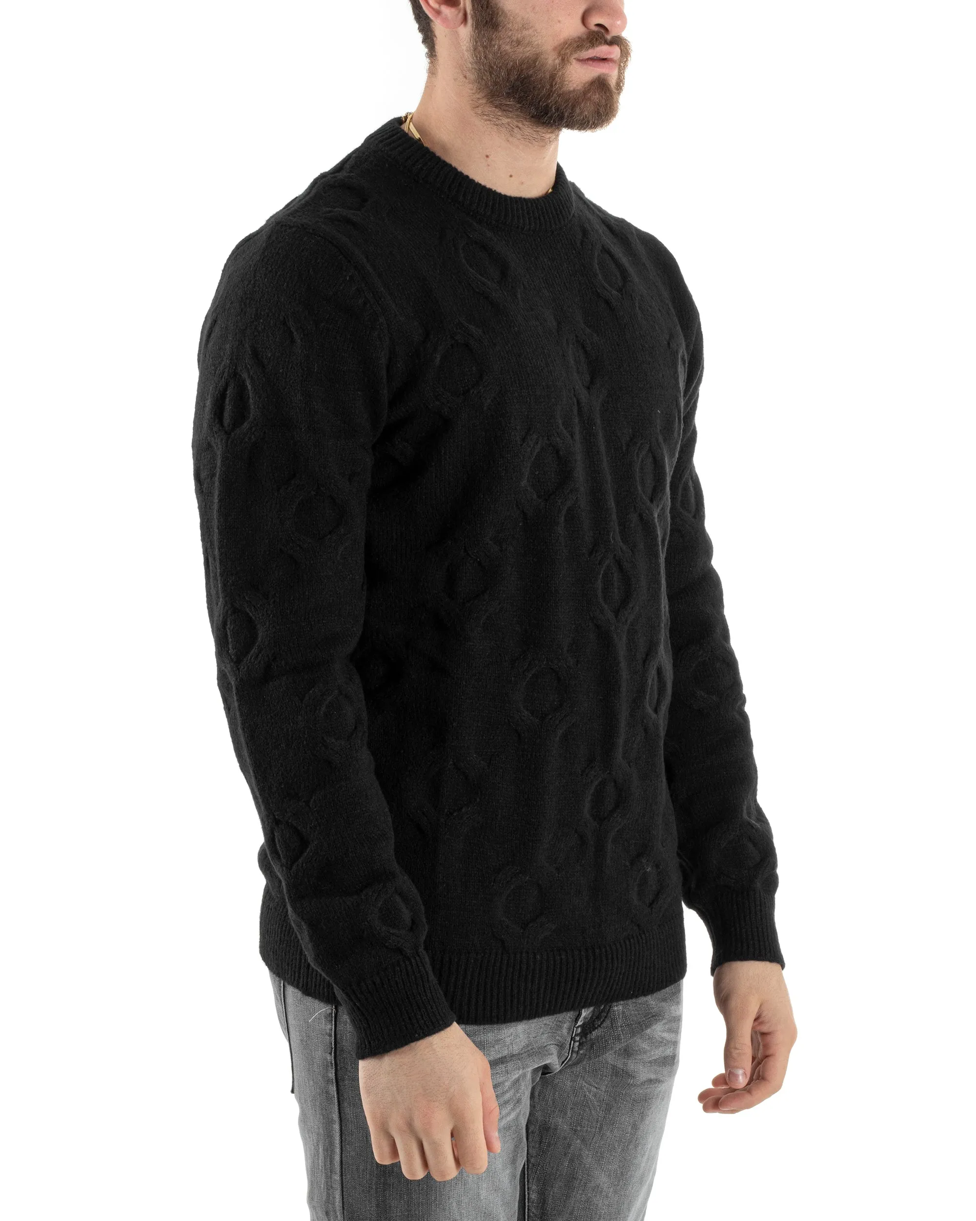 Maglione Uomo Girocollo Maglia Maglioncino Intrecciato Cerchi Nero GIOSAL-M2800A