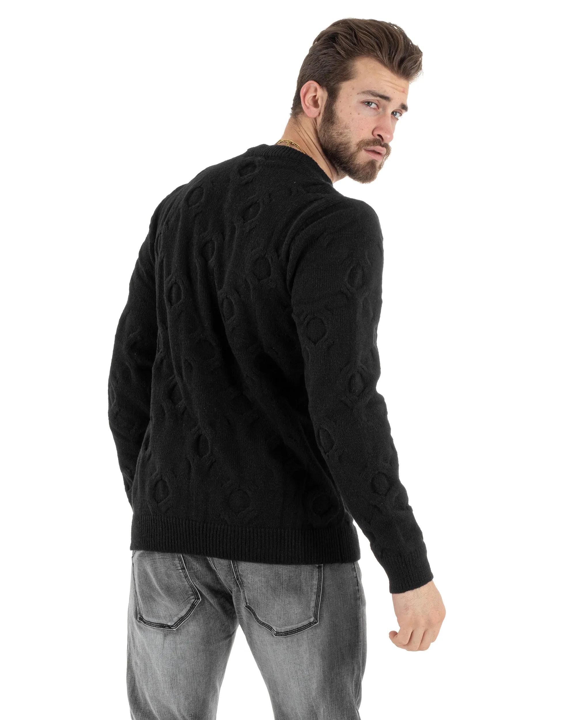 Maglione Uomo Girocollo Maglia Maglioncino Intrecciato Cerchi Nero GIOSAL-M2800A