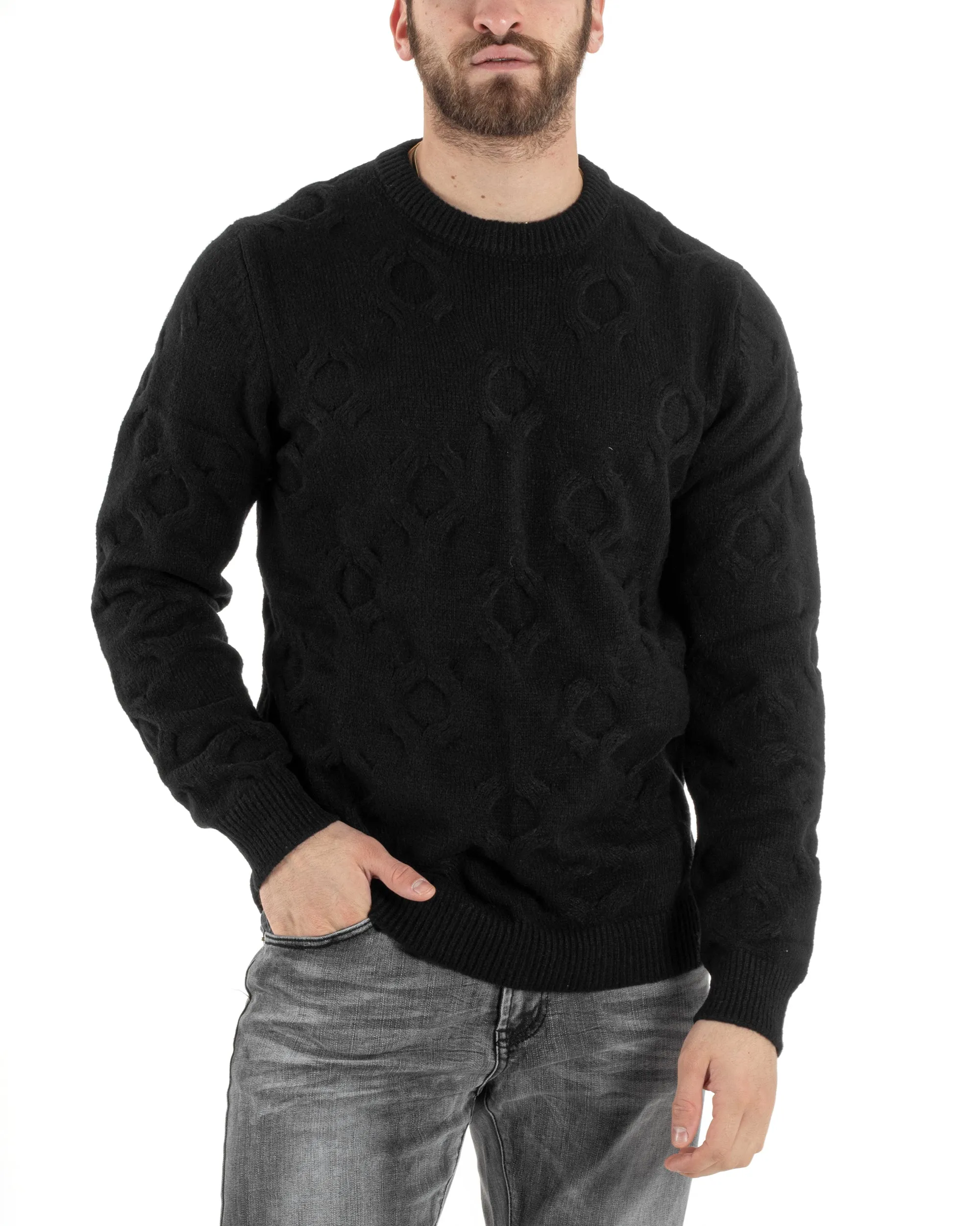 Maglione Uomo Girocollo Maglia Maglioncino Intrecciato Cerchi Nero GIOSAL-M2800A