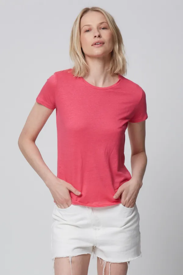 Majestic Linen Short Sleeve Crew Tee in Flamingo