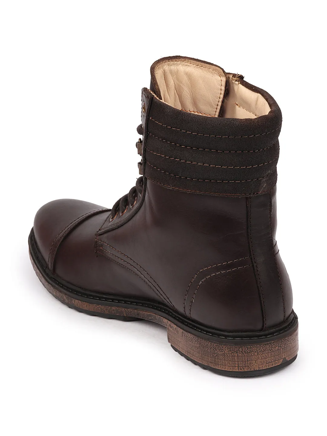 Men Brown High Ankle Genuine Leather 8-Eye Lace Up Cap Toe Welted Sole Winter Biker Boots